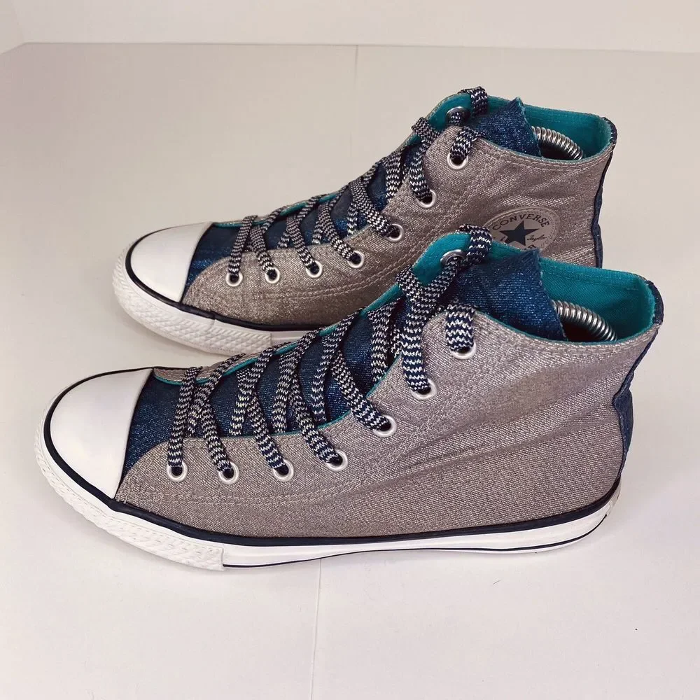 Converse All Star Sneakers Junior 5 Chuck Taylor High Tops Silver Sparkle & Teal